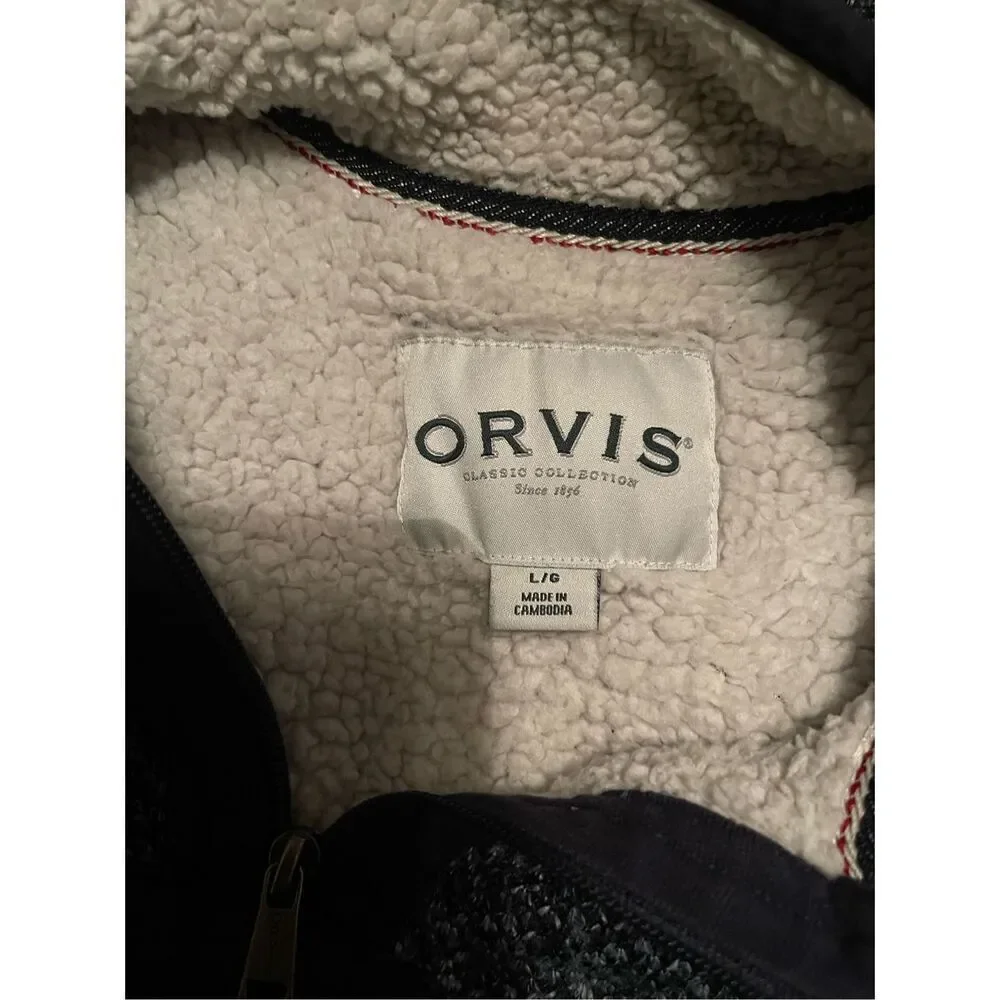 Orvis Mens Dark Grey Quarter Zip Pullover Sherpa Fleece Lined Jacket Large